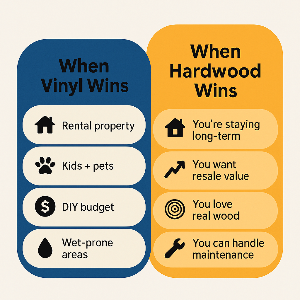 Side-by-side comparison of ideal use cases for vinyl and hardwood flooring. When Vinyl Wins (blue background): Rental property Kids + pets DIY budget Wet-prone areas When Hardwood Wins (orange background): You’re staying long-term You want resale value You love real wood You can handle maintenance Each item is paired with a matching icon for visual clarity.