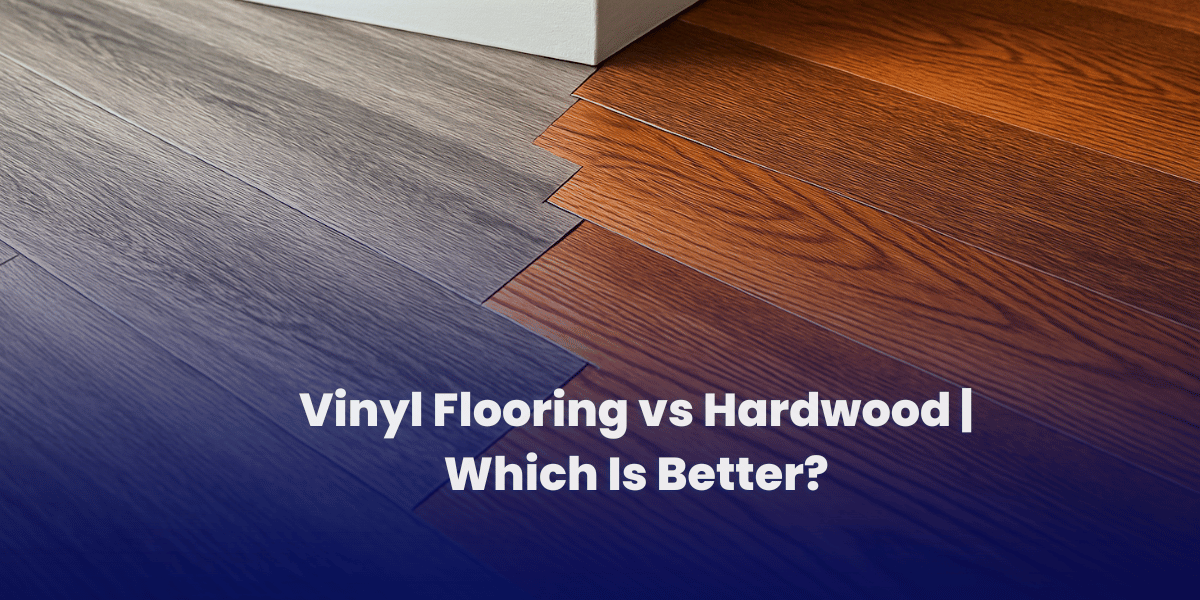 A hyper-realistic image showing a side-by-side comparison of vinyl and hardwood flooring in a cozy, well-lit room. The left side features gray-toned vinyl planks with textured wood grain, while the right side displays warm-toned hardwood planks with a smooth, polished finish. Both flooring types meet at a clean corner with a soft gray wall and white baseboard, highlighting the visual contrast between the two materials.